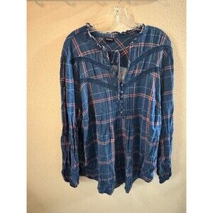 Torrid Blue Check Plaid Long Sleeve Popover Lace V Neck Blouse Women's Plus 2x